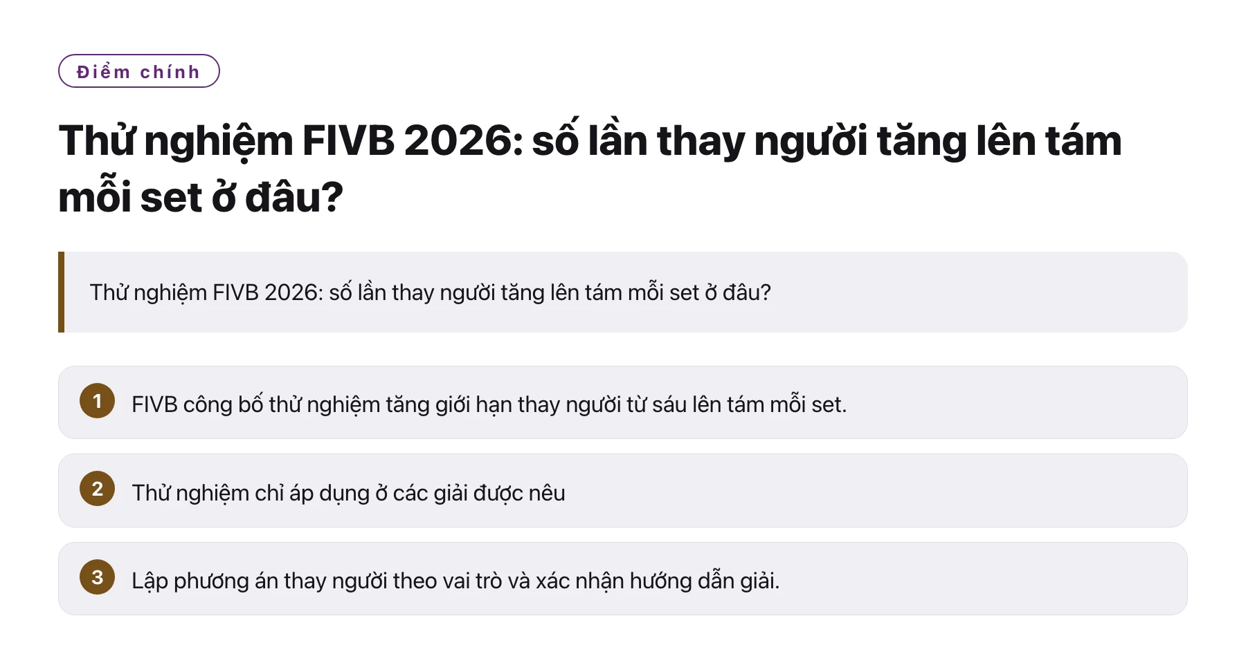 Thử nghiệm FIVB 2026: số lần thay người tăng lên tám mỗi set ở đâu?——全文要点速览